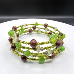 Green Glass & Wood Bead Memory Wire Wrap Bracelet Boho Cottagecore Statement